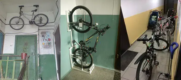 dviračių saugykla vestibiulio patalpoje.